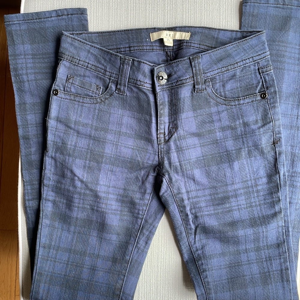 Forever 21 Blue black denim long plaid pants jeans size 25